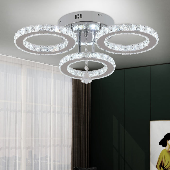 Luretta 30W Crystal Ring Tri-Colour Flush Mount Chandelier