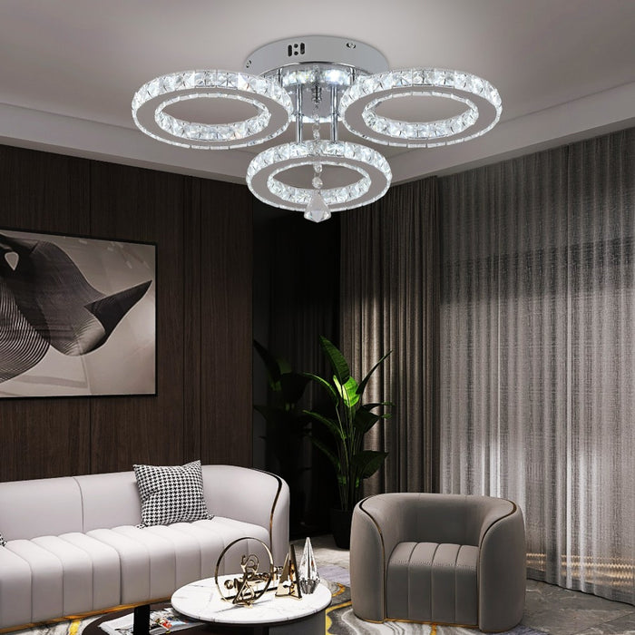Luretta 30W Crystal Ring Tri-Colour Flush Mount Chandelier