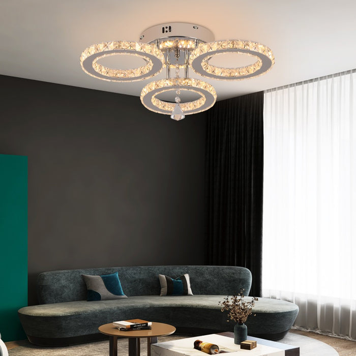 Luretta 30W Crystal Ring Tri-Colour Flush Mount Chandelier