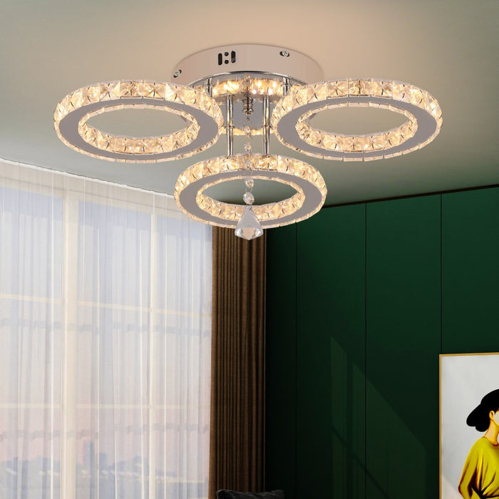 Luretta 30W Crystal Ring Tri-Colour Flush Mount Chandelier