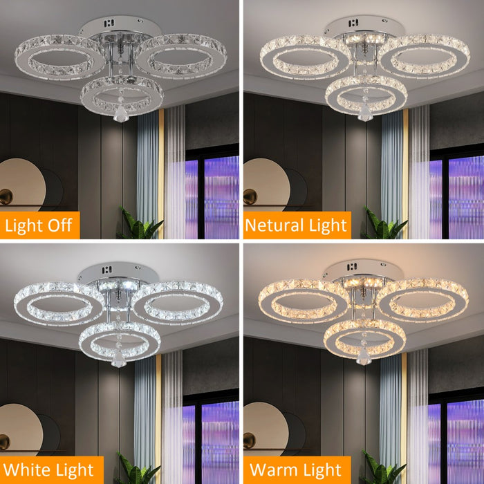 Luretta 30W Crystal Ring Tri-Colour Flush Mount Chandelier