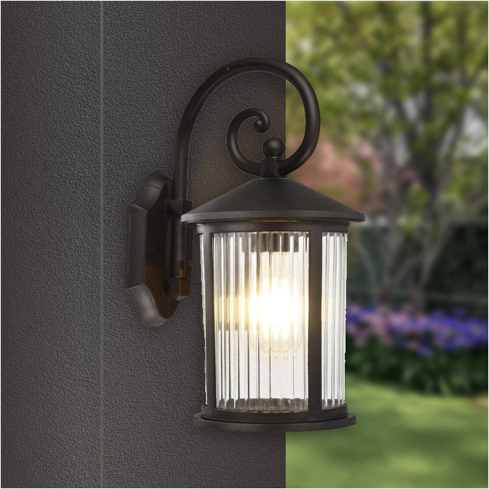 Malaga exterior wall sconce lantern with ribbed glass, matte black, IP44