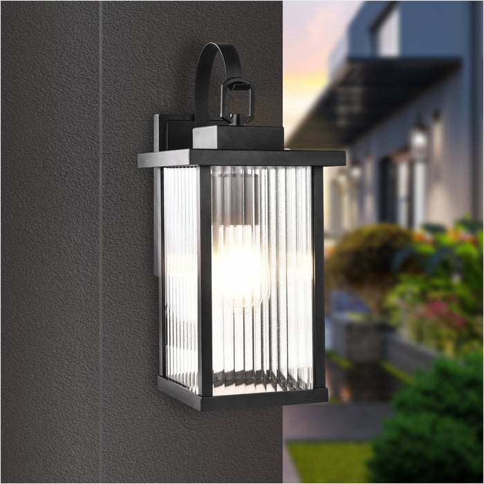 Monaco rectangular exterior wall lantern with ribbed glass, matte black, IP44