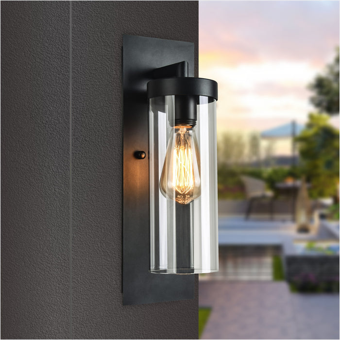 Nordic industrial exterior wall light with clear glass cylinder, matte black, IP44