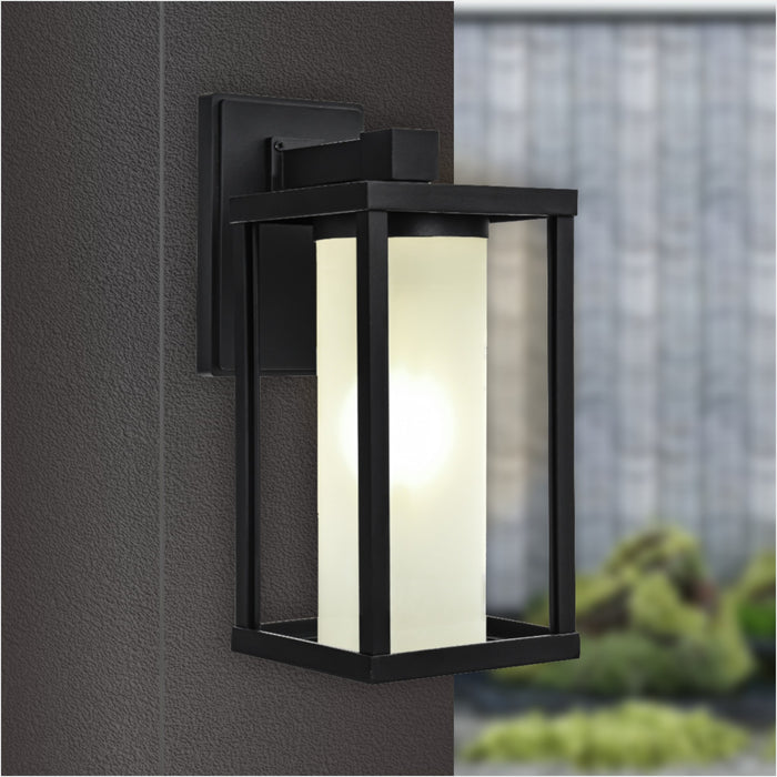 Valencia geometric exterior wall sconce with frosted glass cylinder, matte black, IP44