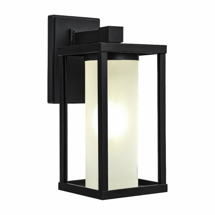 Valencia geometric exterior wall sconce with frosted glass cylinder, matte black, IP44