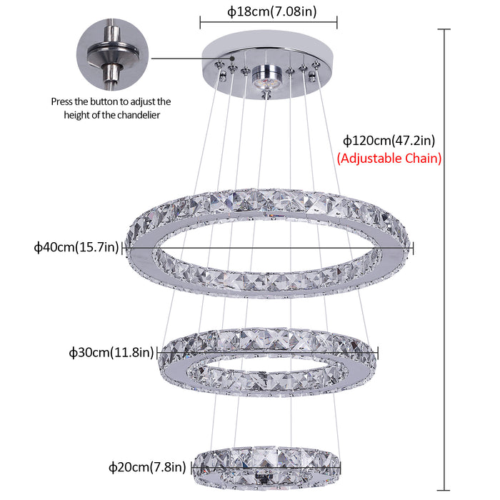 Luxury 3 Ring LED Crystal Chandelier Dimmable 3CCT Pendant Ceiling Lounge Light