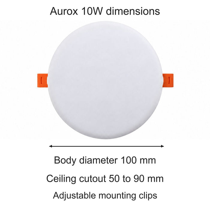 Aurox 10W dimensions. Body diameter 100 mm. Ceiling cutout 50 to 90 mm. Adjustable mounting clips.