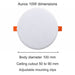 Aurox 10W dimensions. Body diameter 100 mm. Ceiling cutout 50 to 90 mm. Adjustable mounting clips.