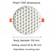 Prism 10W dimensions. Body diameter 100 mm. Ceiling cutout 50 to 90 mm. Adjustable mounting clips.
