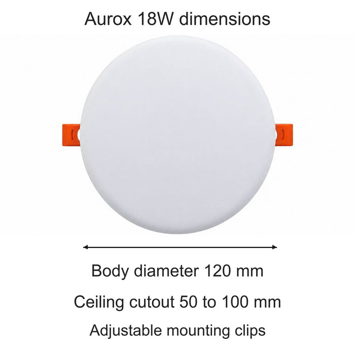 Aurox 18W dimensions. Body diameter 120 mm. Ceiling cutout 50 to 100 mm. Adjustable mounting clips.