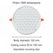 Prism 18W dimensions. Body diameter 120 mm. Ceiling cutout 50 to 100 mm. Adjustable mounting clips.