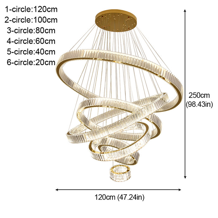 Luxury 6 Ring LED Crystal Chandelier Dimmable 3CCT Pendant Ceiling Staircase
