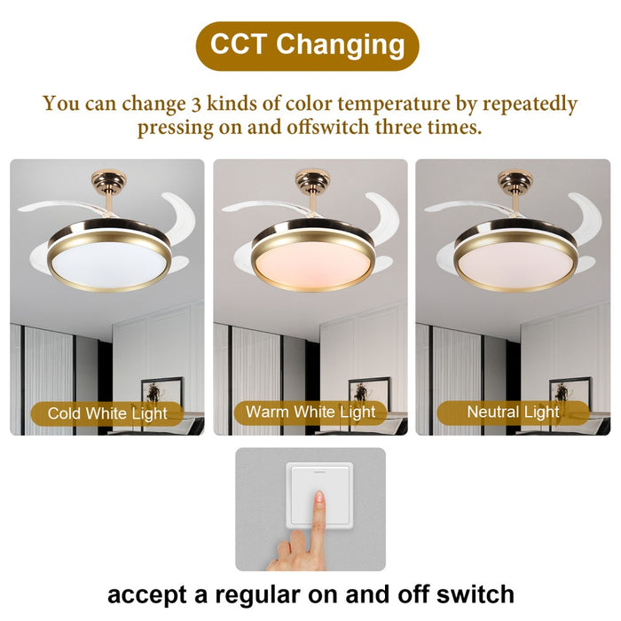 Windora Solene 42" Gold Retractable Blade DC Ceiling Fan w/ 3CCT LED Remote
