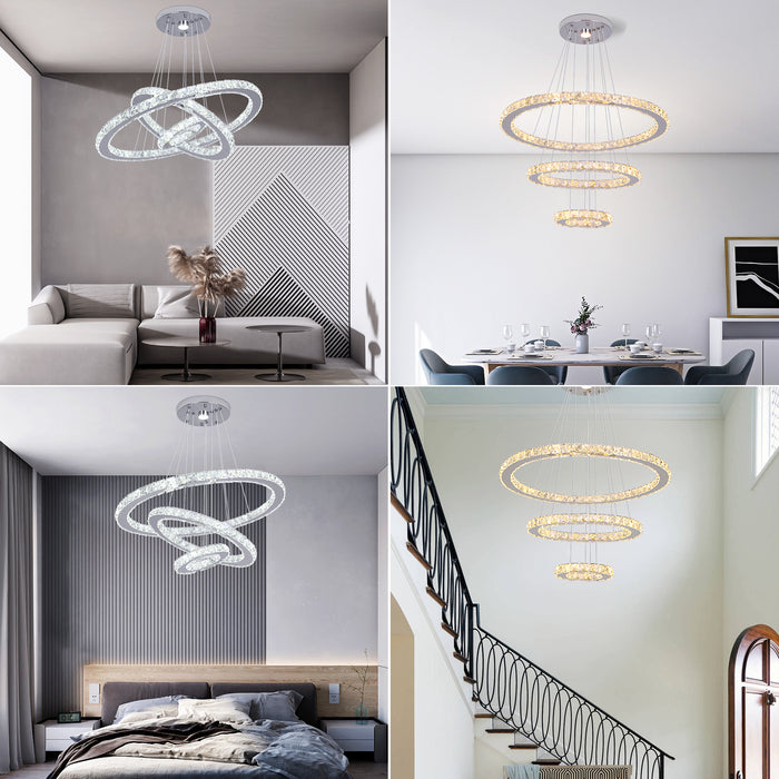 Maleny 3-Ring Crystal Chandelier – Silver Finish