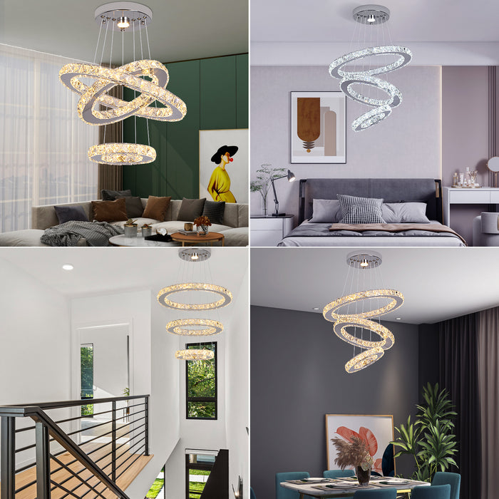 Luxury 3 Ring LED Crystal Chandelier Dimmable 3CCT Pendant Ceiling Lounge Light
