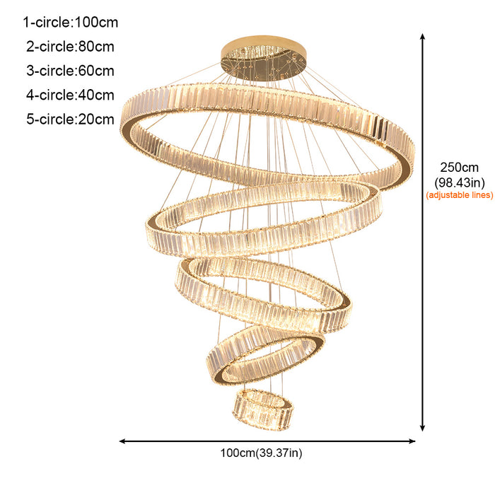 Modern 5 Ring LED Crystal Chandelier Dimmable 3CCT Pendant Ceiling Staircase