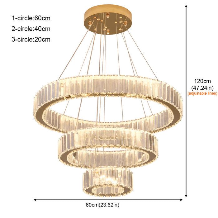 Modern 3 Ring LED Crystal Chandelier Dimmable 3CCT Pendant Ceiling Lounge Light