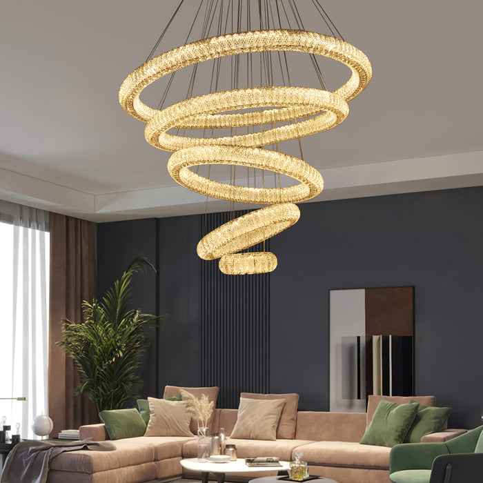 Miralia 5-Ring Dimmable Crystal Chandelier - Silver Finish