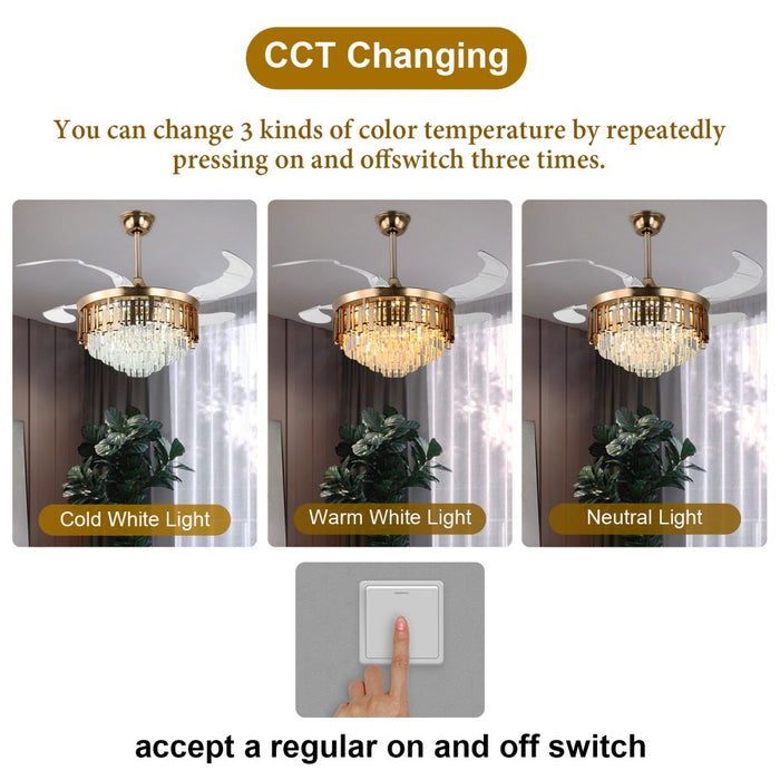 Windora Solenne 42" Gold Crystal Chandelier DC Ceiling Fan w/ 3CCT LED Remote