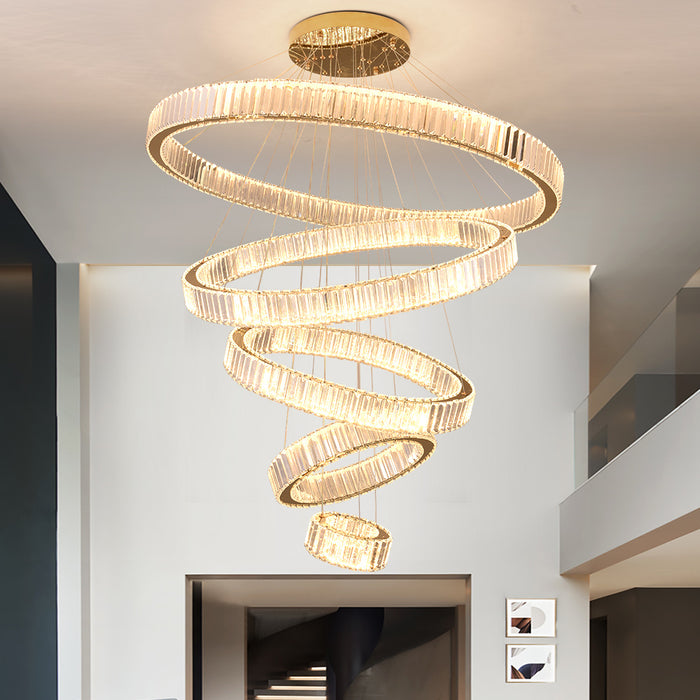 Modern 5 Ring LED Crystal Chandelier Dimmable 3CCT Pendant Ceiling Staircase