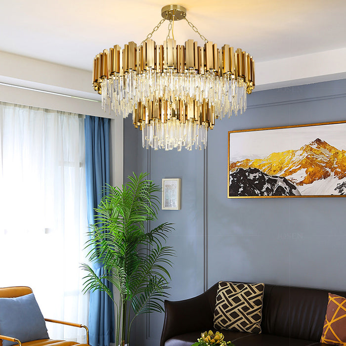 Luxury Round LED Crystal Chandelier 3CCT Hanging Ceiling Staircase Pendant Light