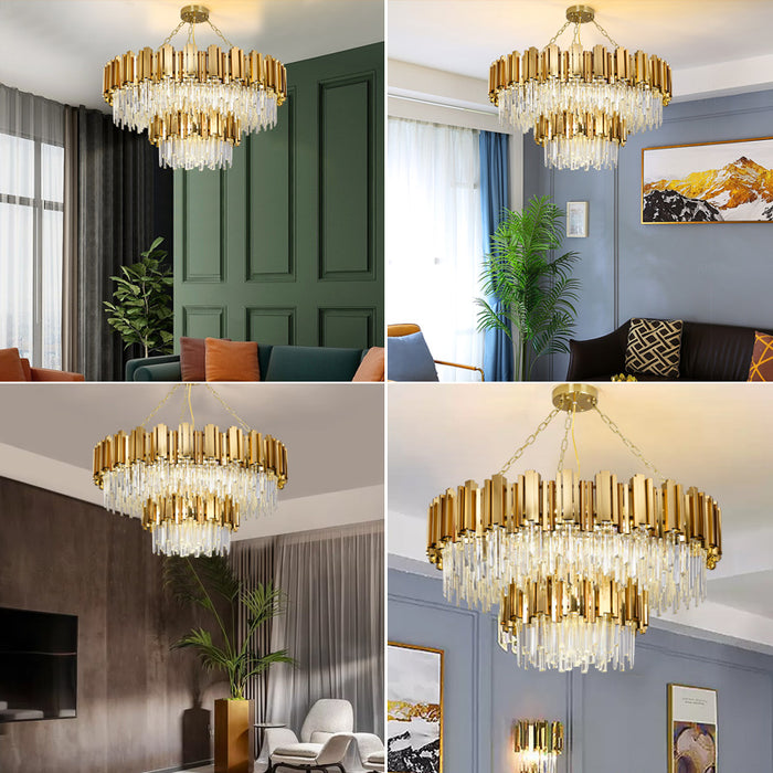 Luxury Round LED Crystal Chandelier 3CCT Hanging Ceiling Staircase Pendant Light