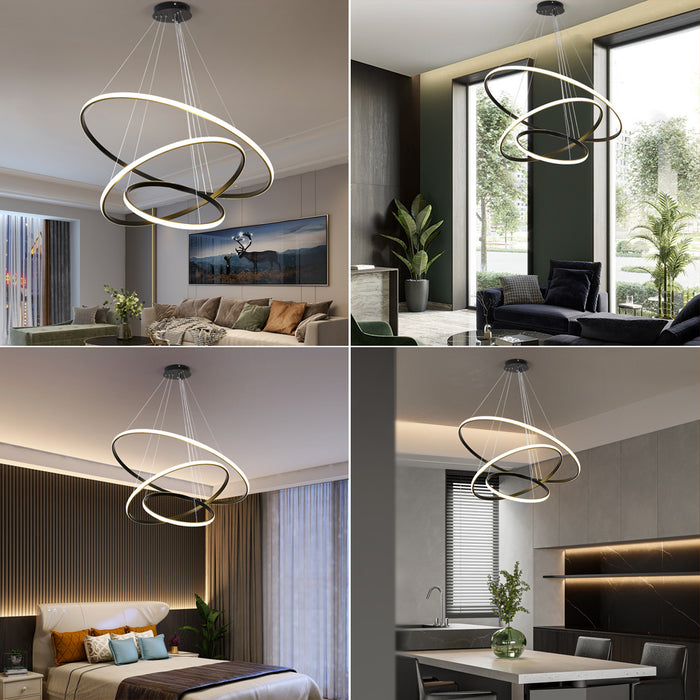 Modern 3 Ring LED Black/Gold Luxury Chandelier 3CCT Pendant Ceiling Lounge Light