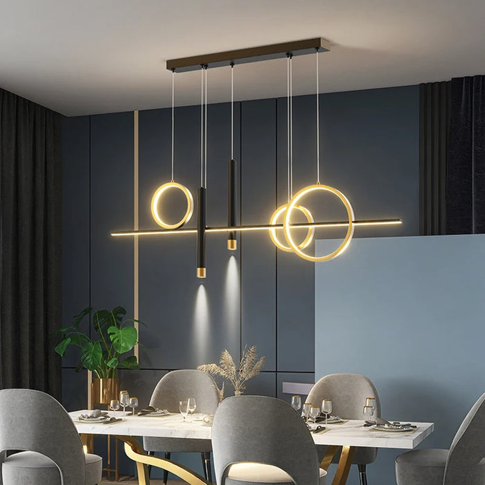 Vega 5-Light Geometric LED Pendant – Tri-Colour Linear Chandelier 110cm