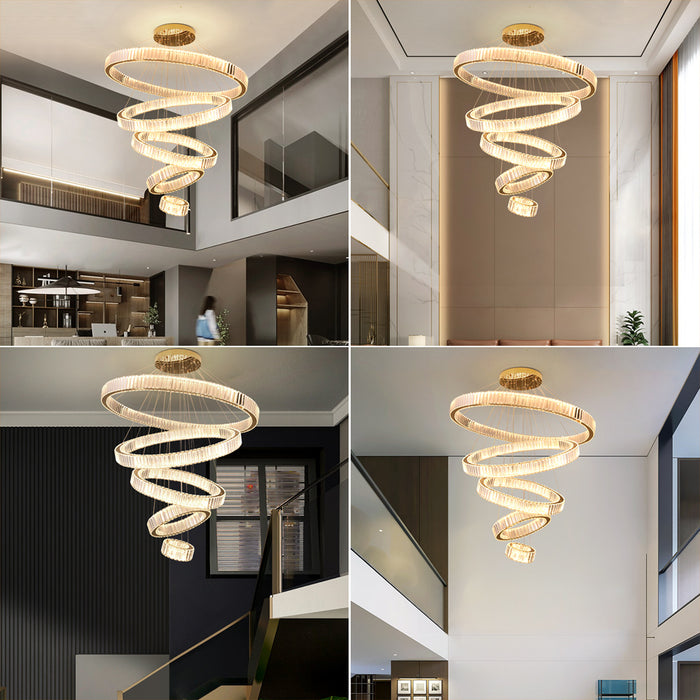 Modern 5 Ring LED Crystal Chandelier Dimmable 3CCT Pendant Ceiling Staircase