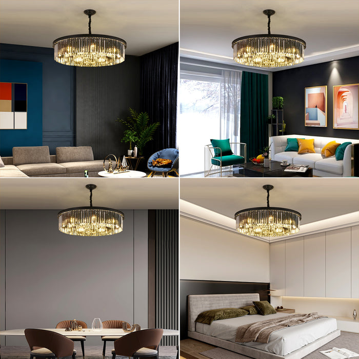 Modern Round Crystal Chandelier 3CCT 9 Light Ceiling Pendant Hanging Light Smoke