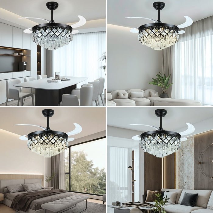 Windora Seraphine 42" Black Lattice Crystal Chandelier Fan