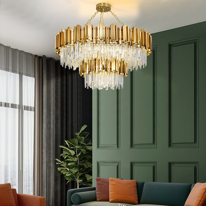 Luxury Round LED Crystal Chandelier 3CCT Hanging Ceiling Staircase Pendant Light