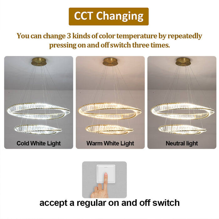 Modern Ring LED Crystal Chandelier 3CCT Pendant Ceiling Living Room Lounge Light