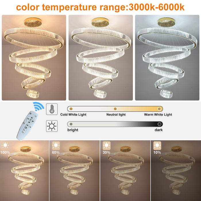 Modern 5 Ring LED Crystal Chandelier Dimmable 3CCT Pendant Ceiling Staircase