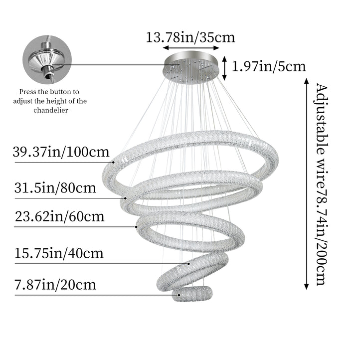 Miralia 5-Ring Dimmable Crystal Chandelier - Silver Finish