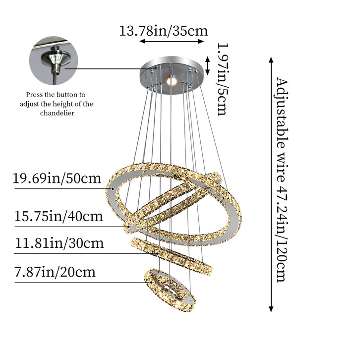 Malara 4-Ring Dimmable Crystal Chandelier – Silver Finish