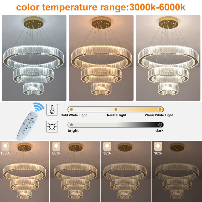 Modern 3 Ring LED Crystal Chandelier Dimmable 3CCT Pendant Ceiling Lounge Light