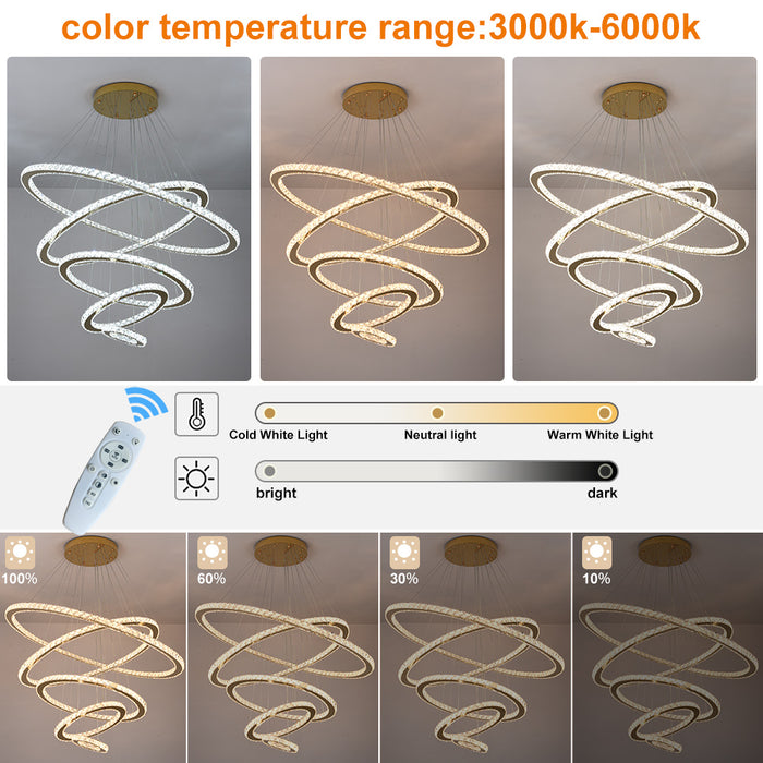 Luxury 5 Ring LED Crystal Chandelier Dimmable 3CCT Pendant Ceiling Staircase
