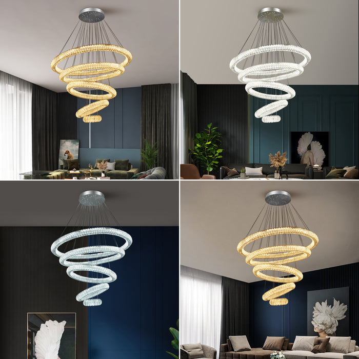 Miralia 5-Ring Dimmable Crystal Chandelier - Silver Finish