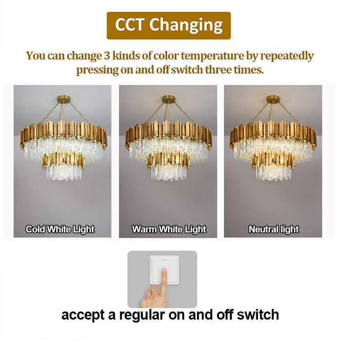 Luxury Round LED Crystal Chandelier 3CCT Hanging Ceiling Staircase Pendant Light