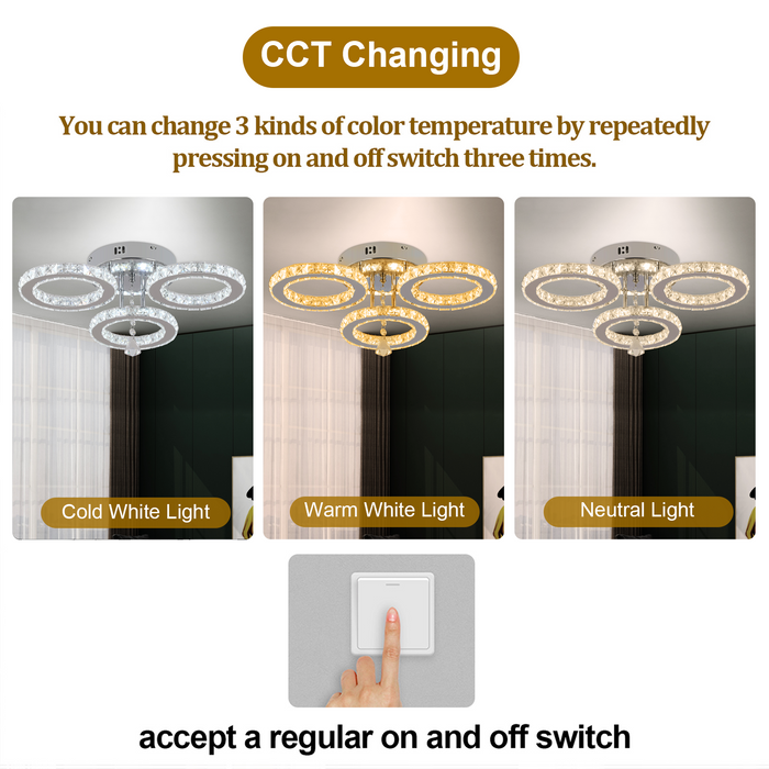 Luretta 30W Crystal Ring Tri-Colour Flush Mount Chandelier