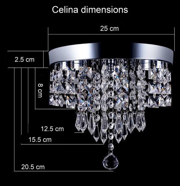 Celina ceiling light dimension diagram showing 25cm diameter and the labelled body and crystal-section measurements.