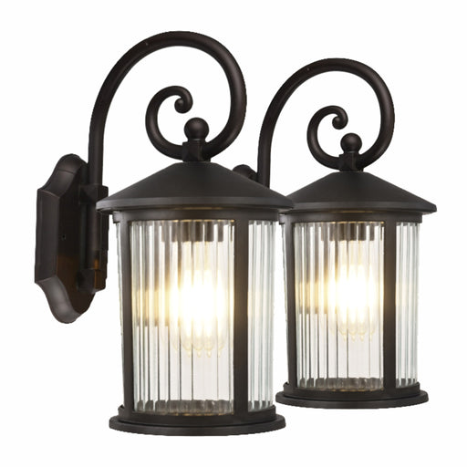 Malaga exterior wall sconce lanterns with ribbed glass, matte black, IP44, pack of 2