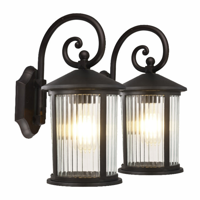 Malaga exterior wall sconce lanterns with ribbed glass, matte black, IP44, pack of 2