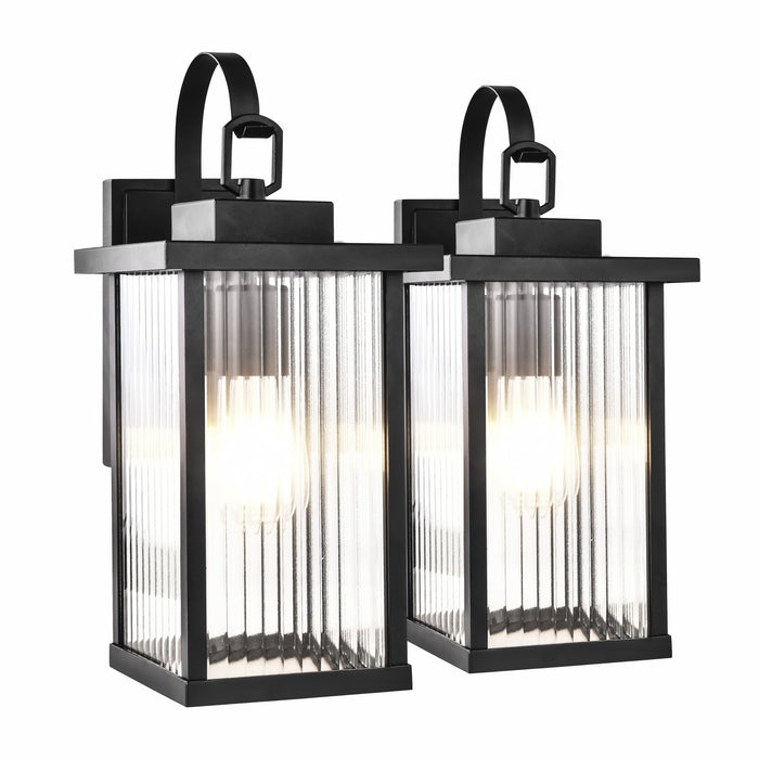 Monaco rectangular exterior wall lanterns with ribbed glass, matte black, IP44, pack of 2