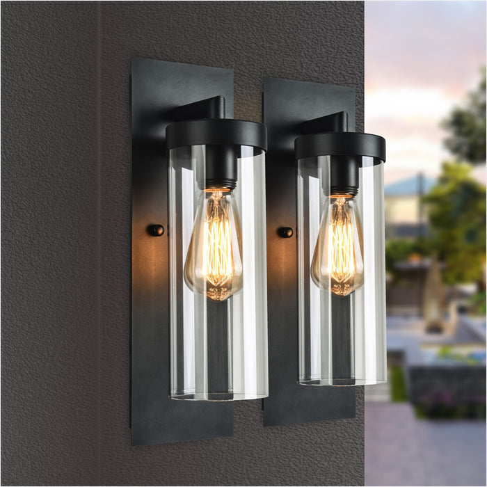 Nordic industrial exterior wall light with clear glass cylinder, matte black, IP44