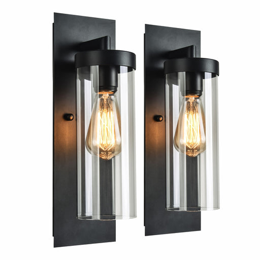 Nordic industrial exterior wall lights with clear glass cylinders, matte black, IP44, pack of 2