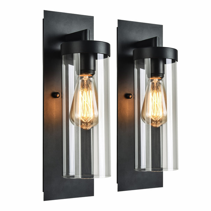 Nordic industrial exterior wall lights with clear glass cylinders, matte black, IP44, pack of 2