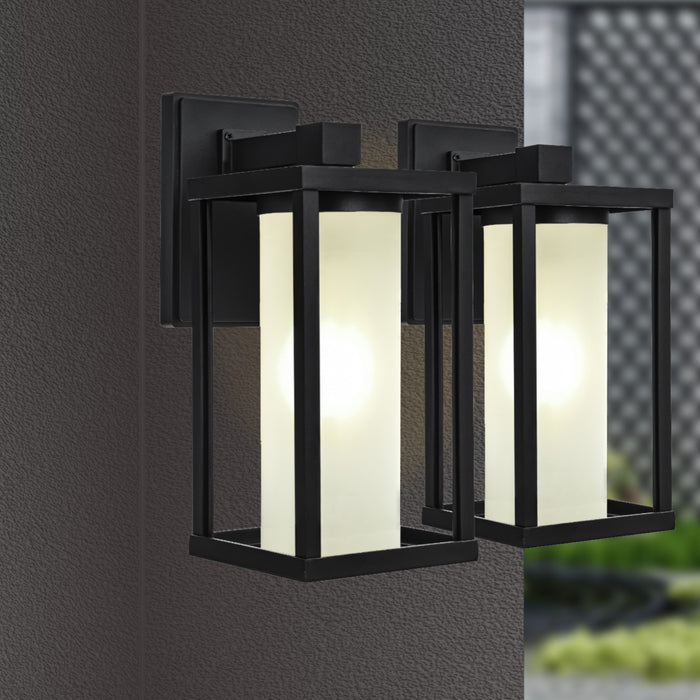 Valencia geometric exterior wall sconce with frosted glass cylinder, matte black, IP44